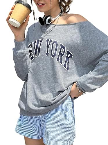 Remidoo Womens Off Shoulder Sweatshirt Drop Shoulder Oversized Long Sleeve Pullover Top thumbnail 3