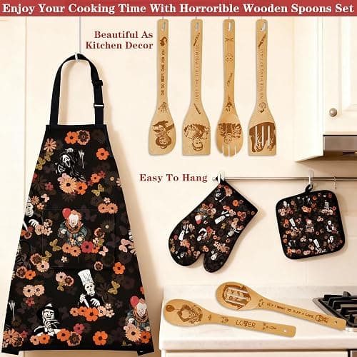Horror Merch,9Pcs Bamboo Cooking Utensils Set,Spoons with Apron Oven Mitts Pot Holder,Halloween Horror Gifts for Men Women,Horror Decor,Horror Collectibles,Spooky Kitchen Accessories thumbnail 5
