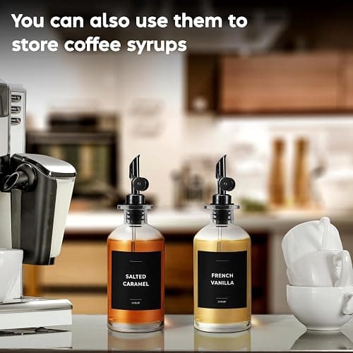 Spaceneat Olive Oil Dispenser Bottle - Includes 55 Kitchen Essential Labels - Cooking Oil Bottles for Kitchen, Coffee Syrup Dispenser - Pourer Spout with 11.8 fl oz Glass Container Cruet - 2pcs, Black thumbnail 6