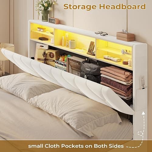 LED Full Bed Frame with Type-C & USB Charging Station, Full Size Bed Frame with Storage Headboard, Modern Velvet Upholstered Platform Bed with Shelf Headboard, Noise-Free, Creamy White thumbnail 5