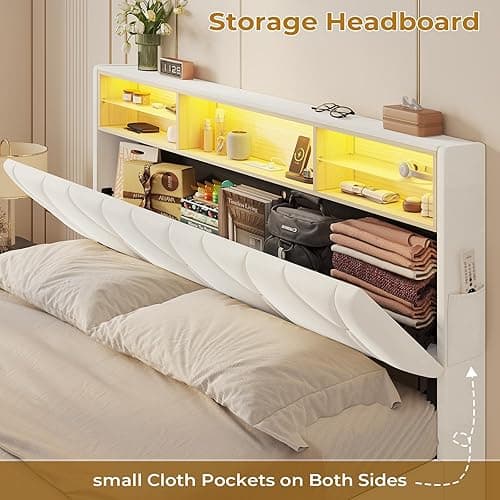 LED Full Bed Frame with Type-C & USB Charging Station, Full Size Bed Frame with Storage Headboard, Modern Velvet Upholstered Platform Bed with Shelf Headboard, Noise-Free, Creamy White thumbnail 6