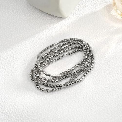 Badu Silver Beaded Bracelets for Women no tarnish Silver plated Stackable Bead Ball Bracelet Stretchable Elastic Hypoallergenic Trendy thumbnail 8