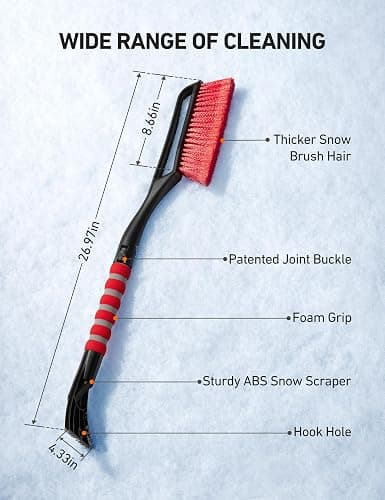 AstroAI 27" Snow Brush and Ice Scrapers for Car Windshield, Detachable Snow Scrapers with Ergonomic Foam Grip for Cars, Trucks, SUVs (Heavy Duty ABS, PVC Brush, Red) thumbnail 7