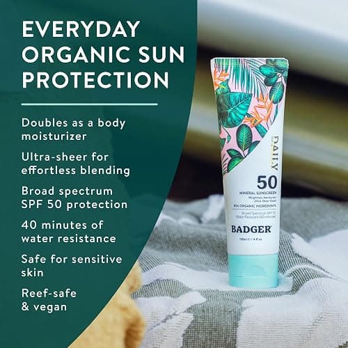 Badger SPF 50 Daily Mineral Sunscreen with Zinc Oxide, 85% Organic, Lightweight & Easy to Apply, No White Cast, Moisturizing, Reef Safe, Vegan, Unscented, 4 fl oz thumbnail 2