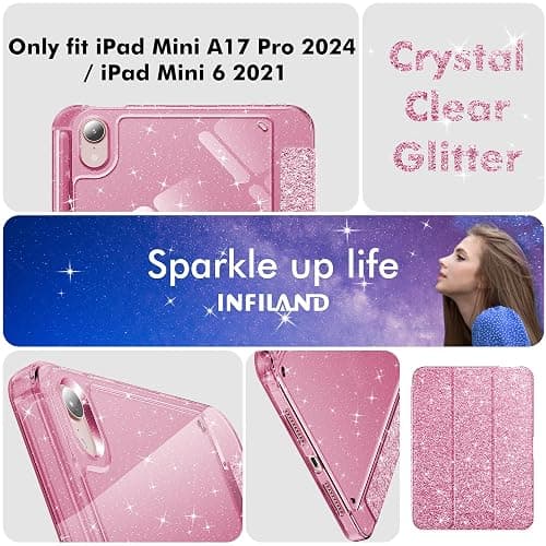 INFILAND for iPad mini 7 Case (A17 Pro), iPad mini 6 Case, iPad mini 7th/6th Generation Case 2024/2021 8.3 Inch, Glitter Cute Protective Clear Cover with Pencil Holder for Kids Girls, Pink thumbnail 3