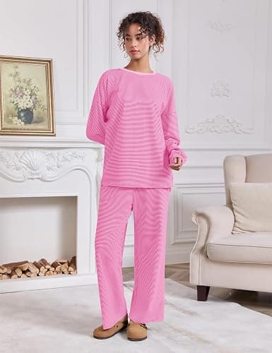 MISSACTIVER Women's 2 Piece Striped Lounge Set Long Sleeve Oversized T-Shirt Wide Leg Pants Matching Pajamas Set thumbnail 7