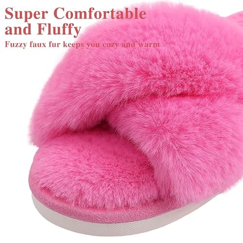 Evshine Women's Fuzzy Slippers Cross Band Memory Foam House Slippers Open Toe thumbnail 5