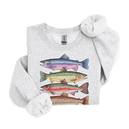 Abstract Colorful Trout In A Row Sweater - Vintage River Fish Trout Species Outfit - Fly Fishing Gift For Men & Women - Boho Unisex Graphic Crewneck Sweatshirt thumbnail 3