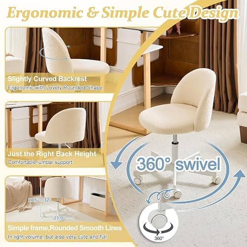 VINGLI Candy Chair Armless Cute Desk Chair,Comfy Small Office Chair with Wheels,Vanity Chair Lumbar Support,Teddy Adjustable Rolling Swivel Computer Task Chair for Home Office,Bedroom,Creamy Beige thumbnail 4