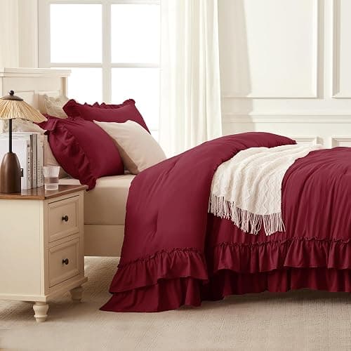 Andency Burgundy Comforter Set Queen Size, Lightweight Fluffy Farmhouse Ruffle Bedding Set, Soft Microfiber All Season Shabby Chic Bed Comforter Set 3 Pieces(1 Comforter 2 Pillowcases) thumbnail 6