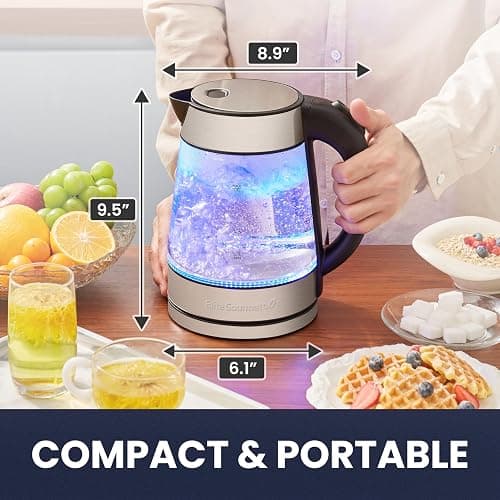 Elite Gourmet EKT-602 BPA-Free Electric Glass Kettle, Cordless 360° Base | Stylish Blue LED Interior, Auto Shut-Off Function, Quickly Boil Water for Tea & More thumbnail 3