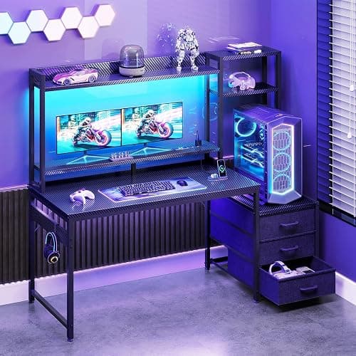 Casaottima 48 Inch Gaming Desk with Hutch & 3 Fabric Drawers, Computer Desk with USB Ports & LED Lights, Reversible Pc Gamer Table with Monitor Stand for Home Office, Carbon Fiber Black thumbnail 2