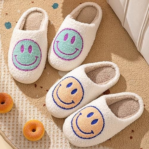 Bevaney Smile Face Slippers for Women - Soft Plush Retro Preppy Slip-on Comfortable Indoor/Outdoor Shoes thumbnail 6