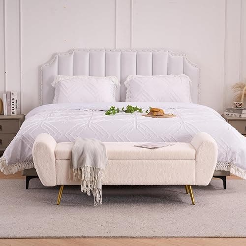 AIITTCC Storage Bench for Bedroom, 55" Extra Long Bench for King Size Bed, Modern Upholstered End of Bed Ottoman Bench with Arms for Entryway Living Room (Teddy, Ivory White) - Image 1
