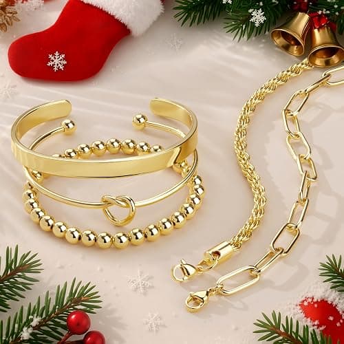 Gokeey Gold Bracelets for Women Non Tarnish, 14K Gold Plated Chunky Cuff Bracelet Gold Bangles Bracelet for Women Trendy Tie Knot Cuban Rope Paperclip Beaded Bracelet Stack Jewelry Stocking Stuffer Gifts Fashion Accessories thumbnail 6