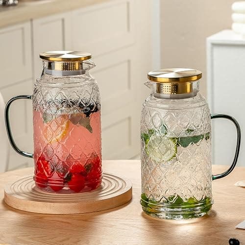 Buaic Glass Pitcher with Lid, 2 PACK 84 oz/2.5L Liter Vintage Water Pitcher, Clear Borosilicate Glass Water Carafe for Cold Brew, Coffee, Lemonade, Iced Tea,Beverage, Heat Resistant thumbnail 2
