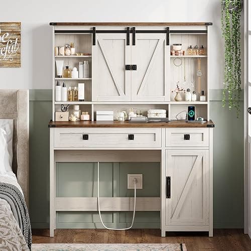 AOGLLATI Makeup Vanity with Lights & Barn Doors, Vanity Desk with Mirror and Lights & Charging Station, Farmhouse White Vanity Table with Jewelry Hooks and Open Storage Shelves thumbnail 8