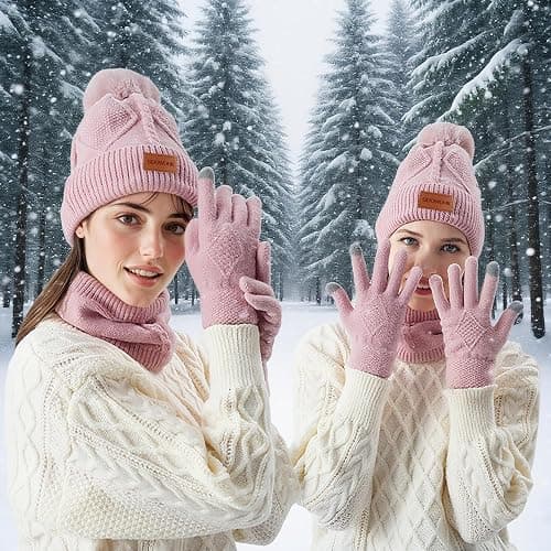 GDOWOHK Winter Hat Gloves Scarf Set, 5% Wool Warm Fleece Beanie, Knit Scarf, Touchscreen Gloves thumbnail 3