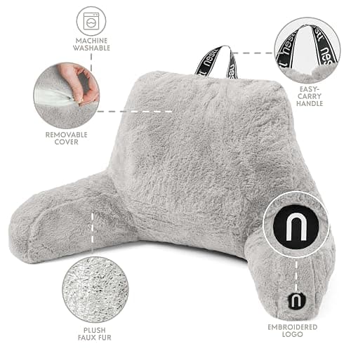 Nestl Fur Reading Pillow, Stylish Back Pillow for Bed Sitting Up, Faux Fur Bed Chair Pillow with Arms, Reading Pillows for Sitting in Bed Adult & Kids, Back Support Pillow for Bed Rest - Light Grey thumbnail 4