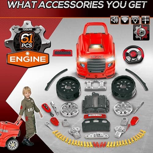 Qaba Truck Engine Toy, Kids Mechanic Set with Lights, Sounds, Steering Wheel and Horn, Pretend Car Service Station Play with 61-Piece Included, Toy Engine Building Kit for Kids Aged 3+, Red thumbnail 6