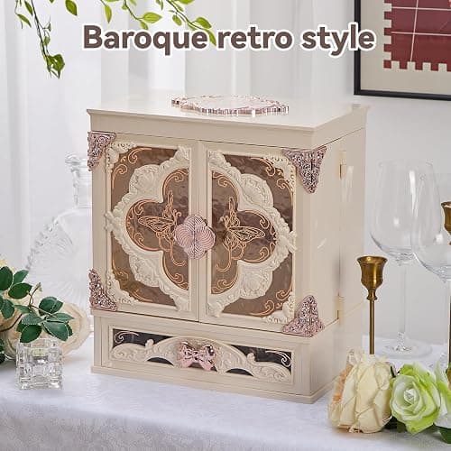 Large Cosmetic Mirror Storage Box with LED Light Cosmetics Organizer Box, Vintage Style Storage Box Dustproof Waterproof Bathroom Counter Storage for Skincare Lipstick Makeup Brushes Gifts(White) thumbnail 4