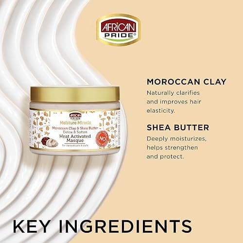 African Pride Moisture Miracle Moroccan Clay & Shea Butter Heat Activated Masque - For Natural Coils & Curls, Detoxes & Softens, Removes Impurities & Product Build-Up from Hair 12 oz thumbnail 3