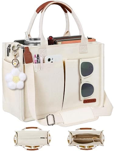 FIORETTO Womens Canvas Tote Bag Purse with Individual Compartment, Zipper Top, Reinforced Bottom & Luggage Sleeve - Image 1