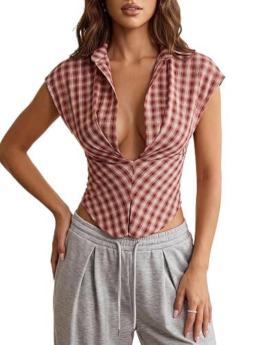 SweatyRocks Women's Sexy Deep V Neck Plaid Preppy Shirt Tops Cap Sleeve Asymmetrical Y2k Going Out Blouse - Image 1
