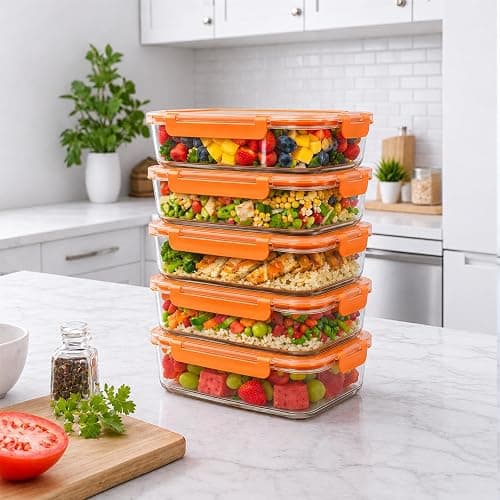 Innoteck 5 Pack 1040ml Orange Glass Food Storage Containers with Lids | Borosilicate meal prep containers with airtight leakproof locking lids, dishwasher safe for food storage and leftovers. thumbnail 2