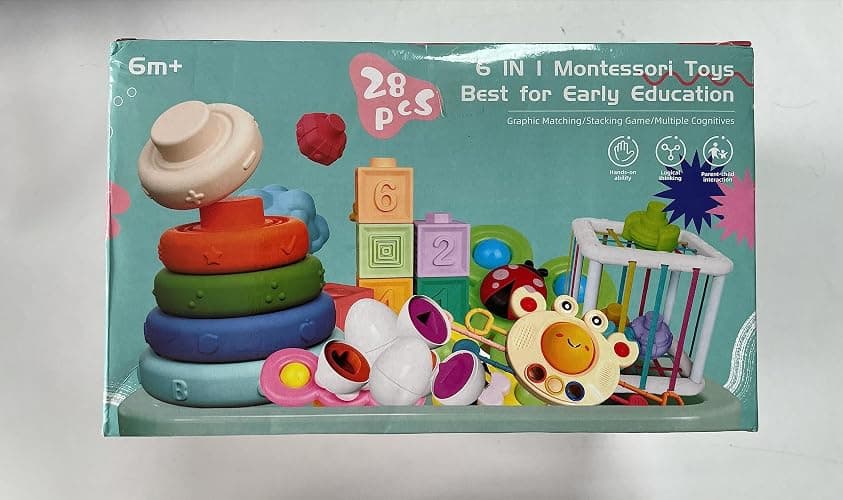 Baby Toys for 6 to 12 Months, Montessori Sensory Bins Toys for Toddlers 1-3, Pull String Teether Infants Bath Toys 6 in 1 Stacking Blocks Rings, Matching Eggs, Suction Cup Spinner Toy thumbnail 7