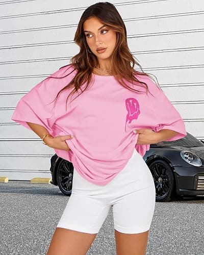 Womens Oversized Tshirt Graphic Tees Crew Neck Summer Short Sleeve Loose Fit Tops - X-Large - A-letter Print Pink thumbnail 6