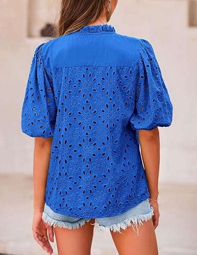 PRETTYGARDEN Womens Tops Boho Eyelet Puff Sleeve Blouse | Hollow Out Embroideried Cotton Shirts, Button Front, Ruffle V Neck, Spring Summer Clothes for Work, Vacation, Resort Wear thumbnail 2