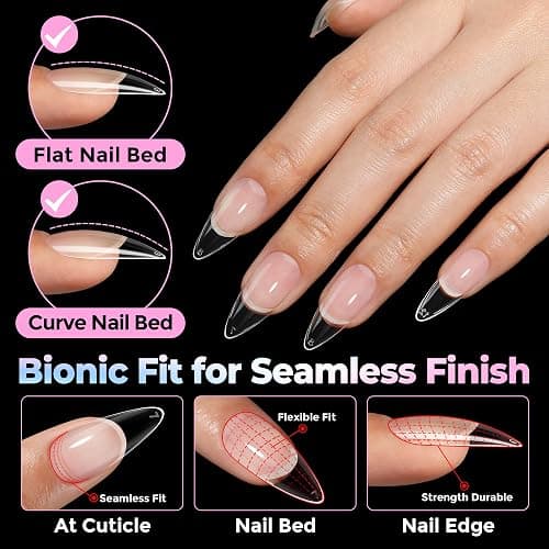 UNA GELLA Stiletto Gel Nail Tips Medium 15 Sizes 300PCS Pre-Etched Clear Acrylic Nail Tips Easy DIY Salon Stiletto Almond Press On Nails Snug Fit Full False Fake Tips Extensions Long-Lasting Hold thumbnail 3
