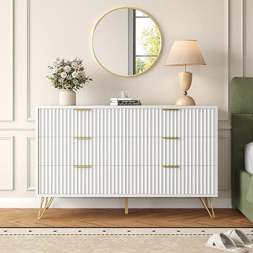 BAZELOR White Fluted 6 Drawer Dresser for Bedroom, Gold Handles, 47.2" W | Modern Wood Chest of Drawers with Scratch-Proof Metal Handles for Living Room, Hallway, Entryway thumbnail 6