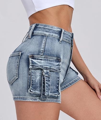 Aotasely Women's Denim Mini Cargo Shorts Casual Mid Waisted High Stretchy Jean Shorts Sexy Booty Shorts with Pockets Y2K thumbnail 4