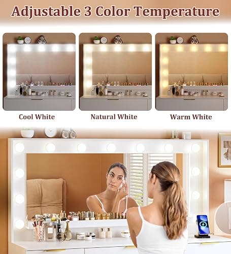 ALEXNUTRE Vanity Desk with Large Mirror and Lights, 45.3in Makeup Vanity with Power Outlet 9 Drawers & Storage, 3 Lighting Color Adjustable, White Vanity Desk for Bedroom thumbnail 4