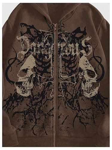 WDIRARA Men's Skull Graphic Zip Up Hoodie Sweatshirt Goth Drawstring Long Sleeve Casual Streetwear Jacket thumbnail 3