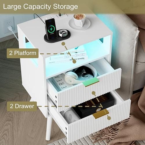 JOONEE White Nightstand with Charging Station and LED Lights,Modern Bedside Table with 2 Storage Drawer and Open Wood Shelf, for Bedroom and Small Spaces,Night Stand with Solid Wood Legs,White thumbnail 6