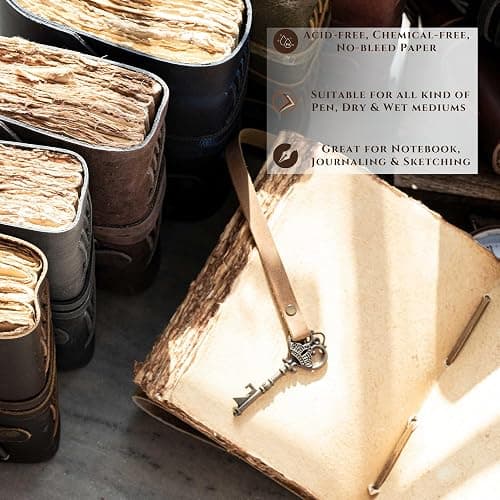 LEATHER VILLAGE Vintage Leather Journal – 200 Handmade Vintage Deckle Edge Paper – Leather bound Journal For Women Men – Vintage Key Closure - Book of Shadows - Cappuccino Brown - 8X6 inches (A5) thumbnail 6