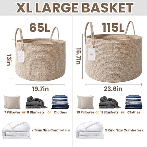 JMvicyroam 65L Extra Large Machine Washable Cotton Rope Blanket Basket | Collapsible Laundry Hamper, Reinforced Handles, For Blankets, Pillows, Toys and Clothes, Living Room and Bedroom, Oatmeal thumbnail 2