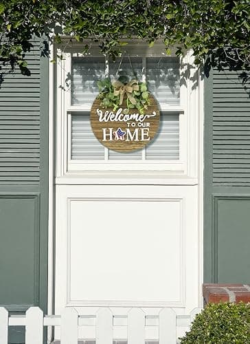 Interchangeable Seasonal Welcome Sign Front Door Decoration, Rustic Round Wood Wreaths Wall Hanging Outdoor, Farmhouse, Porch, for Spring Summer Fall All Seasons Holiday Halloween Christmas. thumbnail 6