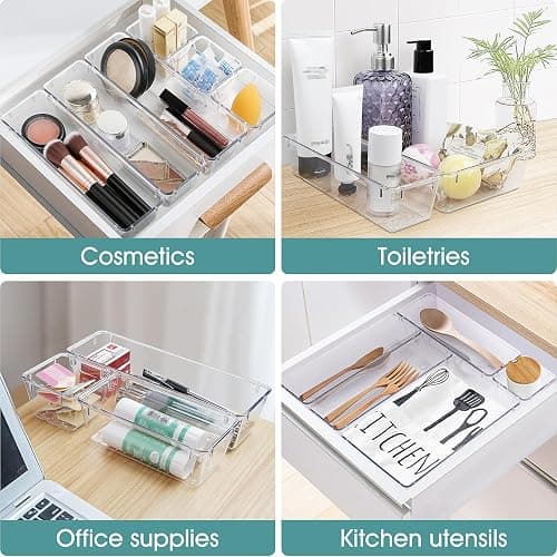 WOWBOX 25 PCS Clear Plastic Drawer Organizer Set, 4 Sizes Desk Drawer Divider Organizers and Storage Bins for Makeup, Jewelry, Gadgets for Kitchen, Bedroom, Bathroom, Office thumbnail 6
