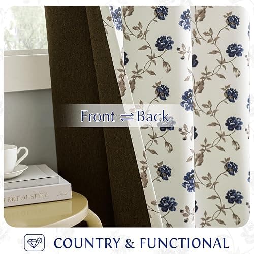 Beauoop Floral 100% Blackout Curtains 84 Inches Long 2 Panels for Bedroom Living Room Blue Brown on Beige Vintage Rose Flower Patterned Room Darkening Thermal Soundproof Grommet Window Drapes, 52X84 thumbnail 3
