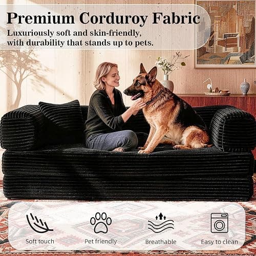 AUGOP Boneless Couch Folding Couches for Living Room Sofa, Futon Sofa Bed with Sleeper Sofa, Futon Couch with Fixed-Shape Oversized Corduroy Upholstered (Black, 81 Inches) thumbnail 6