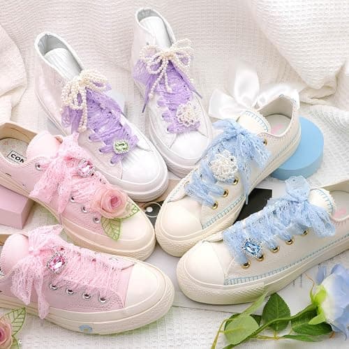 WEGOODZF Flat Lace Fancy Shoelaces: 3CM Wide Lace Shoe Laces for Women - 2 Pairs - 01 White - 47inch (120CM) thumbnail 8