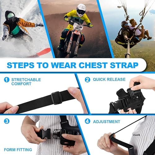 Waterproof Chest Mount, Harness, Strap, Compatible with Gopro Hero 13 12 11 10 9 8 7 6 5 4 3 / DJI, AKASO, Apeman, Apexcam & Most Action Cameras, Chest Strap +2 J-Hook, Thumbscrew & Storage Bag thumbnail 7