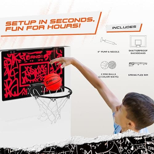 AND1 Over the Door Mini Basketball Hoop: 18x12 Shatterproof Backboard, 2 Mini Basketballs, and Hand Pump Included- Ultimate Indoor Basketball Accessory for Kids and Adults, No Tools Required thumbnail 7