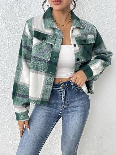 Zeagoo Flannels for Women Cropped Shacket Jacket Fashion Plaid Button Down Shirt 2026 Fall Coat Tops thumbnail 4