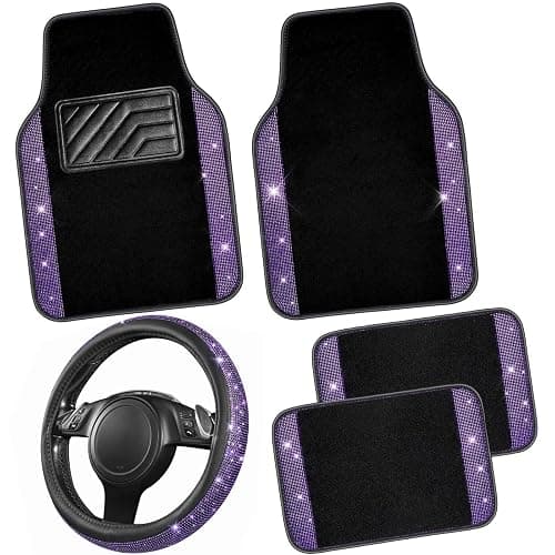CAR PASS Bling Diamond Leather Steering Wheel Cover 14.5in-15in Floor Mats Shining Rhinestone Carpet Sparkly Glitter Crystal Anti-Slip Pad Fit Automotive SUV Pickup Truck Girl Women, 5pcs Black Purple - Image 1