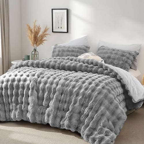 YIKUSH Light Gray Comforter Set Full – Ultra Soft & Warm Faux Fur Comforter for Winter, Elegant Fluffy Cream Comforter with Pillowcases, Cozy Gray Full Bedding Set thumbnail 2